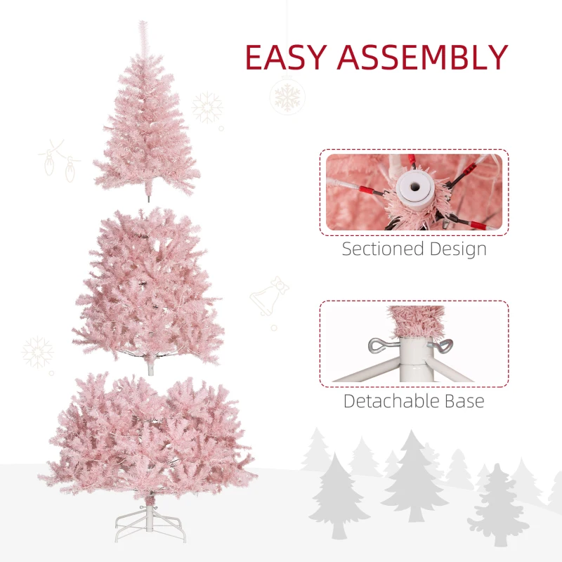 HOMCOM 7.5 FT Tall PreLit Artificial Christmas Tree with Realistic Branches, 500 Warm White LED Lights and 1346 Tips, Pink