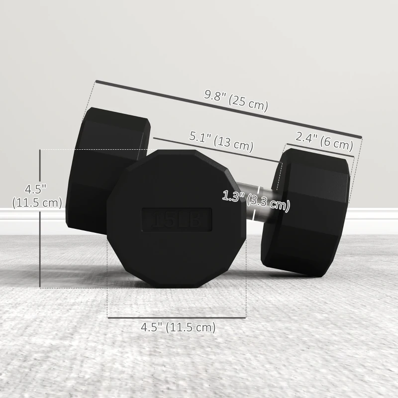 Soozier 2 x 15lbs Dumbbells Set with Non-Slip Grip, Rubber Covered Weights for Men Women Home Gym Workout