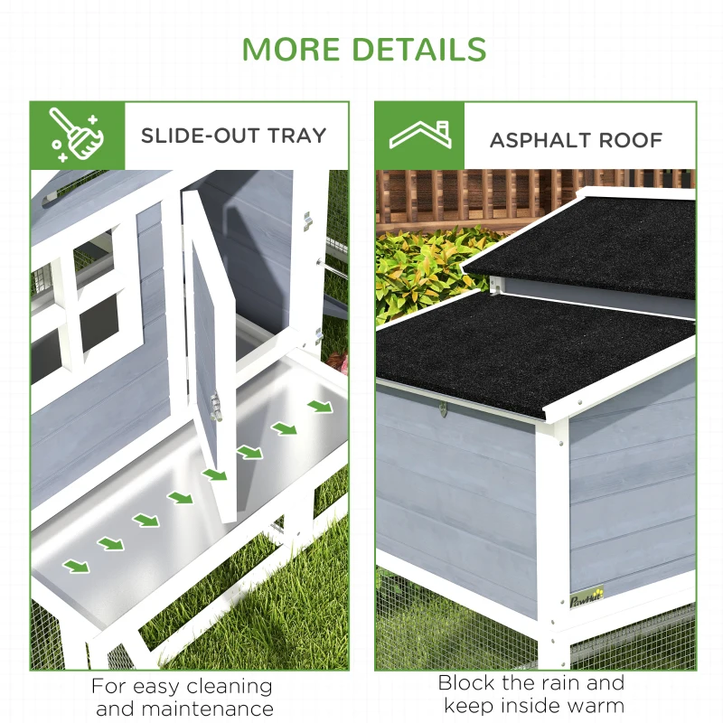 PawHut 76" Wooden Chicken Coop with Outdoor Run, Nesting Box, Removable Tray and Lockable Doors, Grey