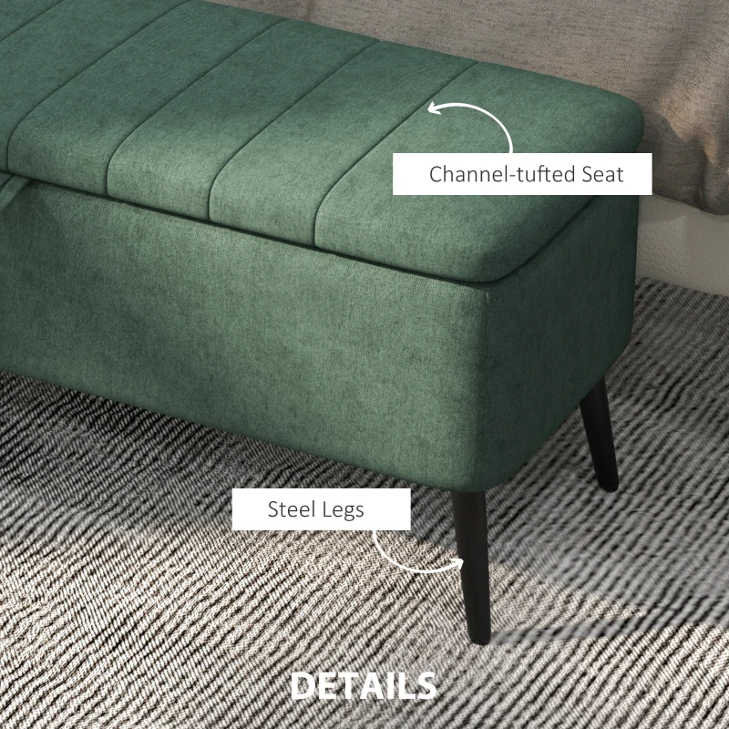 HOMCOM 40" Ottoman with Storage, Linen Upholstered Storage Ottoman Bench with Steel Legs for Living Room, Bedroom Dark Green
