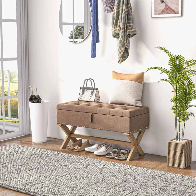 HOMCOM Upholstered Bedroom Bench, End of Bed Bench, Ottoman with Wood Legs, 35.75"W x 16.25"D x 19.75"H, Brown