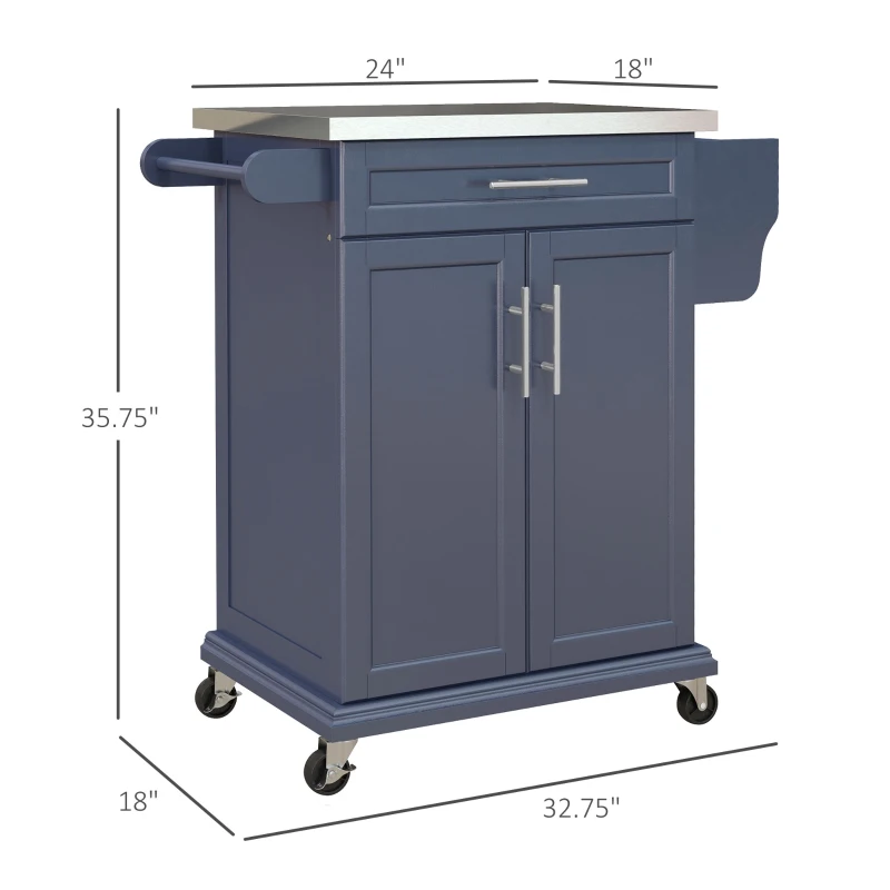 HOMCOM Kitchen Island with Wheels, Rolling Kitchen Island with Storage, Stainless Steel Countertop for Dining Room, Deep Blue