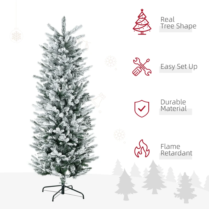 HOMCOM 6' Artificial Flocked Christmas Tree with Snow Frosted Branches, Auto Open, Steel Base