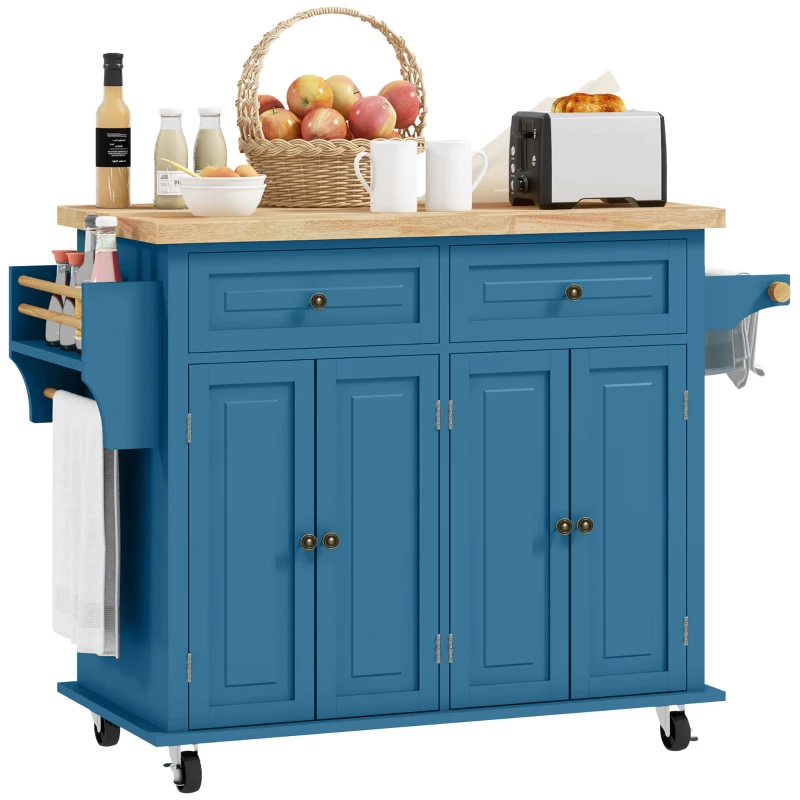 HOMCOM Kitchen Island on Wheels, Rolling Cart with Rubberwood Top, Spice Rack, Towel Rack and Drawers, Turquoise