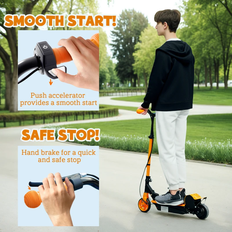 Soozier Foldable Electric Scooter for Kids Ages 6-14, with Seat and 2 Adjustable Heights, Max 6km Range & 12km/h, Orange