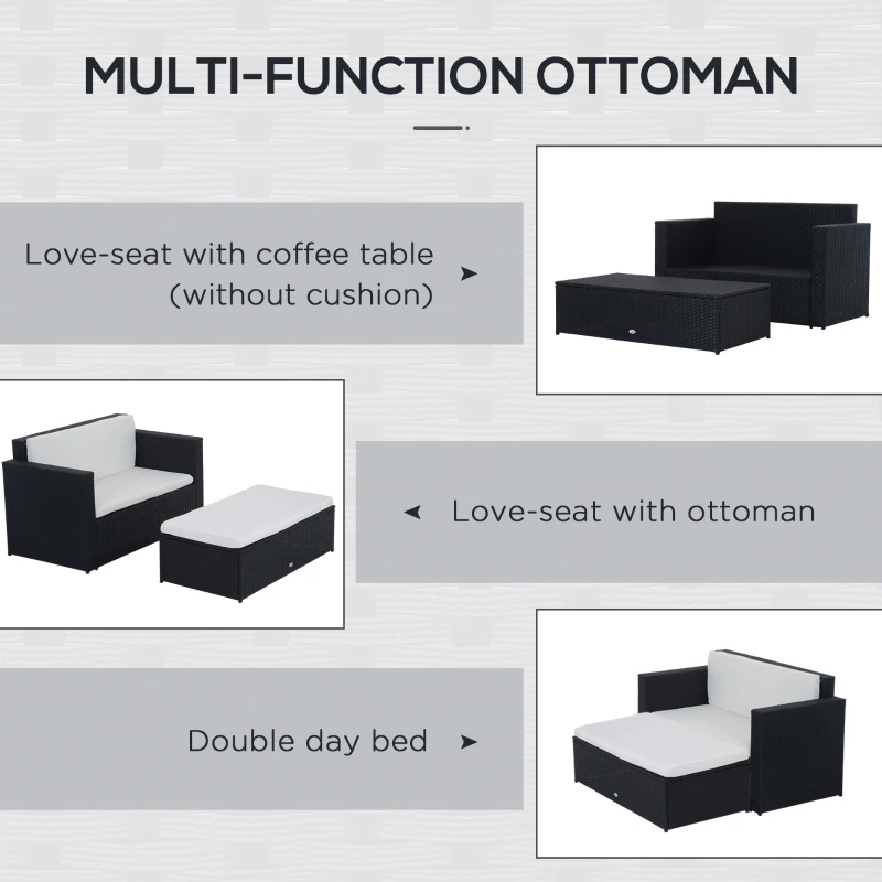 Outsunny 2 Pieces Wicker Patio Furniture Set with Double Ottoman, Outdoor PE Rattan Conversation Set with Loveseat and Two Seat Ottoman, Cream White