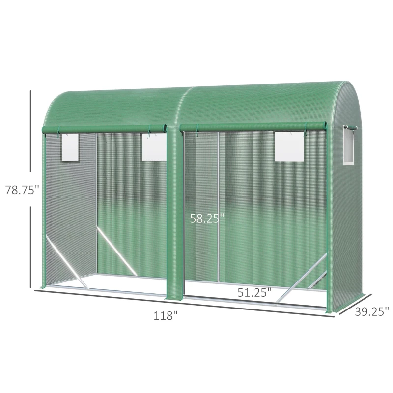 Outsunny 10' x 3' x 7' Walk-in Lean-to Greenhouse, Steel, 4 Zipper Roll-up Windows & 2 Doors, UV Protecting PE Cover for Growing Flowers, Vegetables, Tropical Plants, Saplings, Succulents, Green