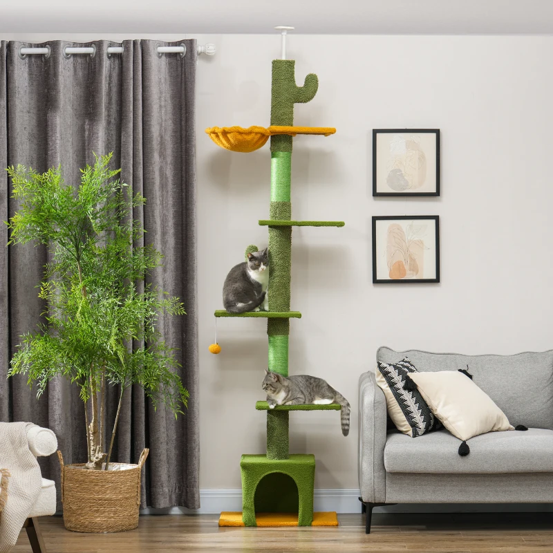 PawHut Floor to Ceiling Cat TreeTower with 90.5"-108" Adjustable Height, Scratching Posts, Hammock, Comdo, Toy Ball, Green