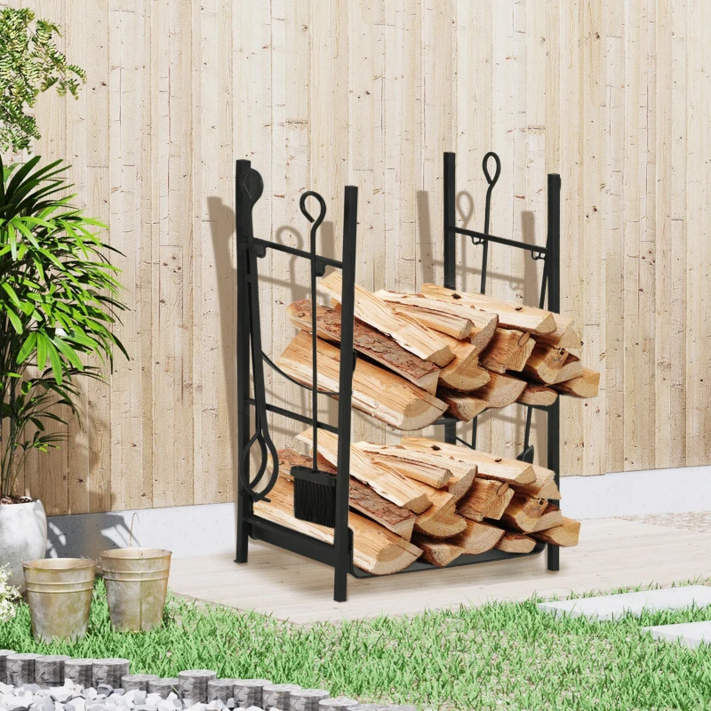 Outsunny Firewood Rack with Fireplace Tools, Indoor Outdoor Firewood Holder, Flat Bottom with 2 Tiers for Fireplace, Wood Stove, Hearth or Fire Pit, Black