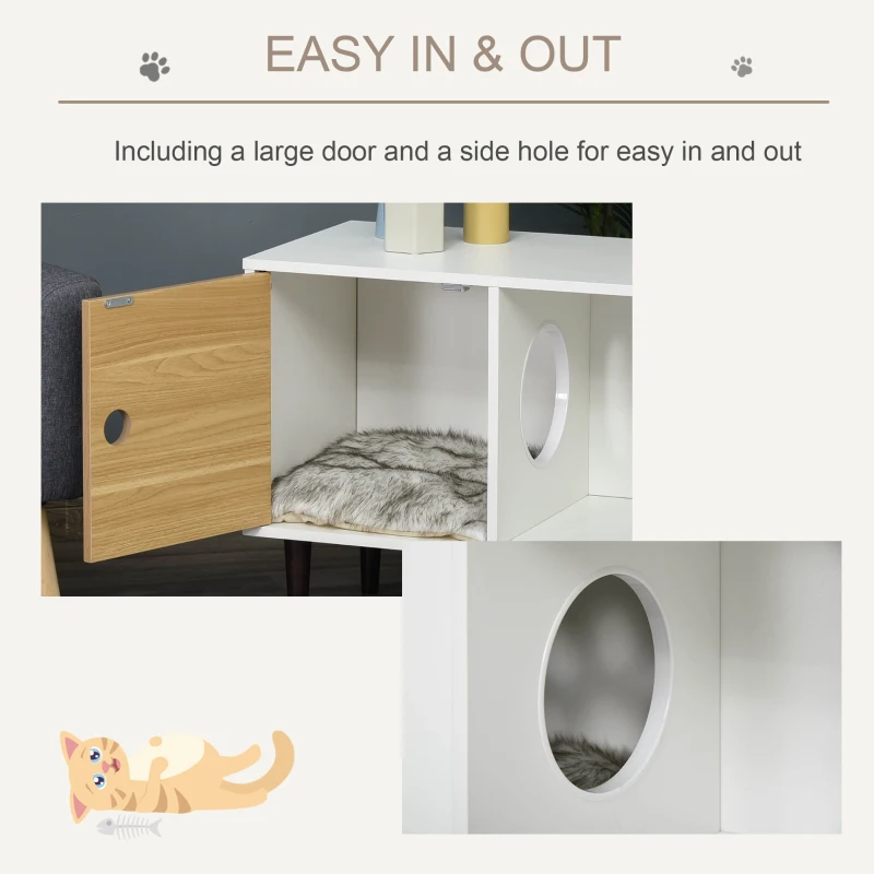 PawHut Wooden Cat House with Soft Cushion, Decorative Kitten Condo Side Table, Elevated Pet House with Storage Space