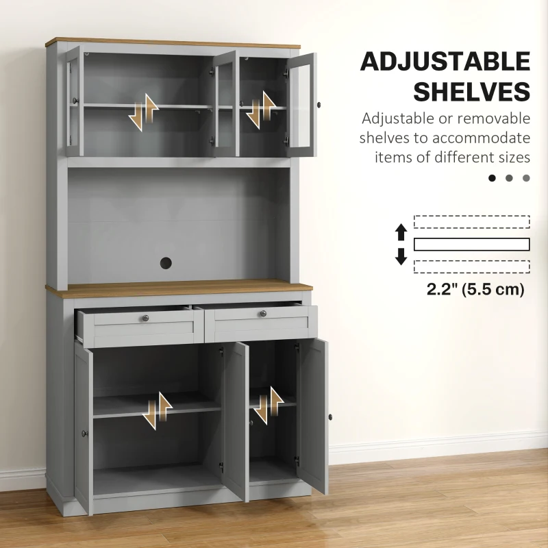 HOMCOM 71" Pantry Cabinet with Microwave Space, Buffet with Hutch, 2 Drawers, Adjustable Shelves and Glass Doors, Grey
