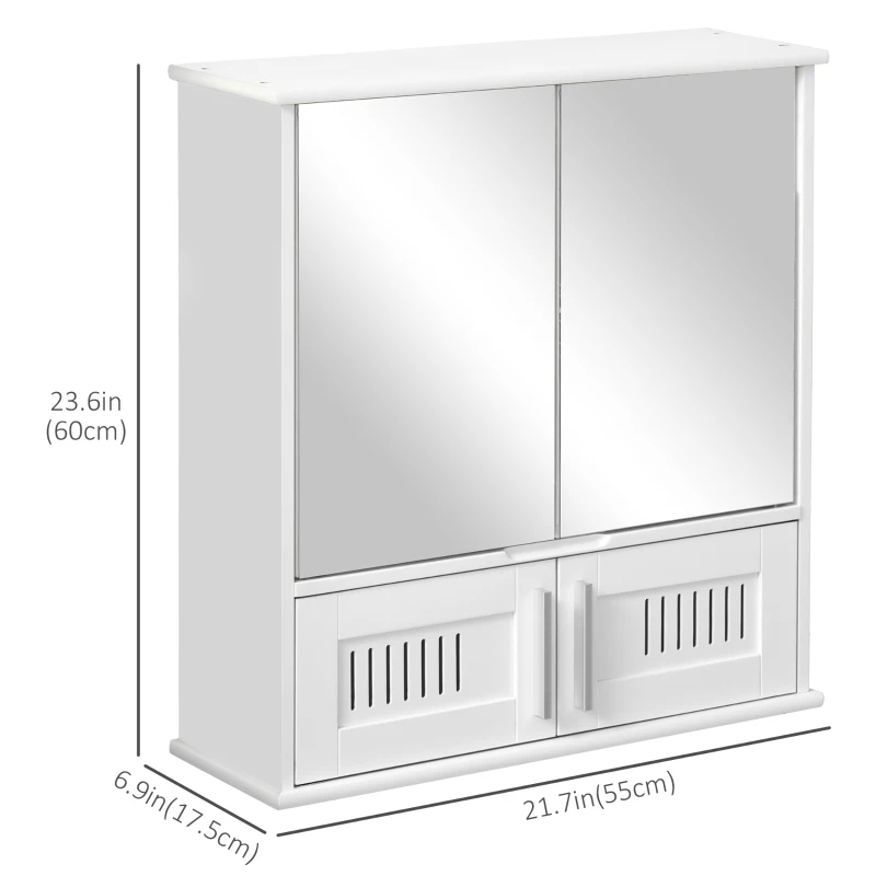 kleankin Medicine Cabinet with Mirror, Bathroom Wall Cabinet with 2 Mirrored Doors, 2 Slat Doors and Adjustable Shelf, White