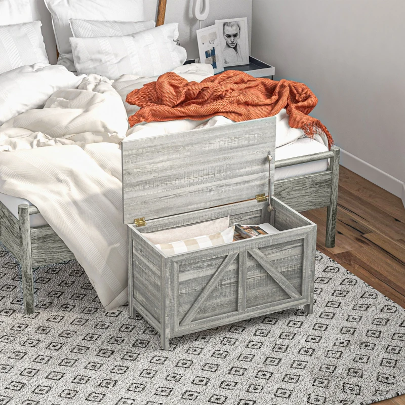 HOMCOM Storage Chest, Farmhouse Lift Top Box Organizer with Safety Hinge, for Bedroom, Entryway, Living Room, Gray Wood Grain