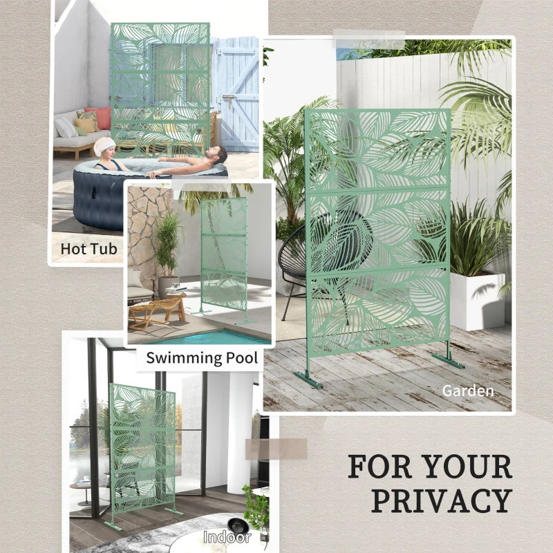 Outsunny 6.5FT Decorative Outdoor Divider, Metal Privacy Screen with Stand, Leaf Style, Light Green