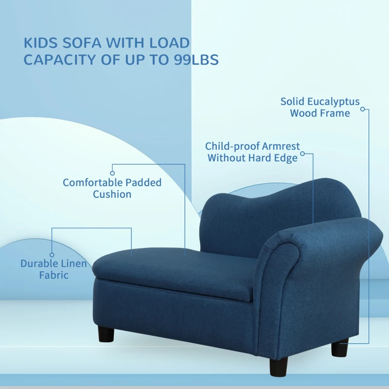 Qaba Kids Sofa, Toddler Couch with Storage Compartment, Children Chaise Lounge, Armrest Chair for Preschool for Kids Room, Kindergarten, Eucalyptus Wood, Blue