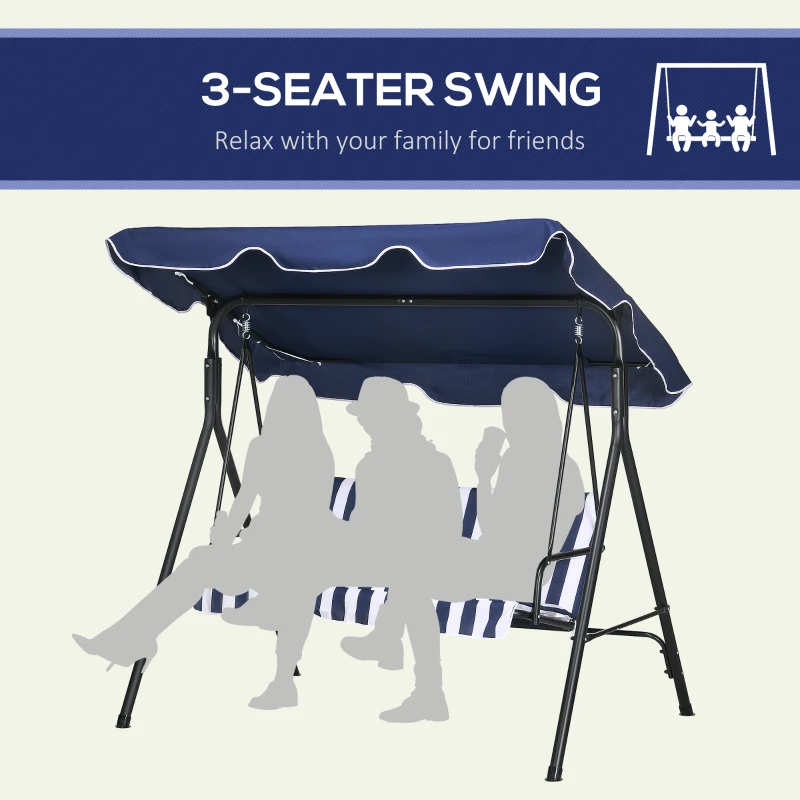 Outsunny 3-Seat Outdoor Patio Swing Chair with Cushion, Steel Frame Stand, Adjustable Tilt Canopy for Patio, Garden, Dark Blue