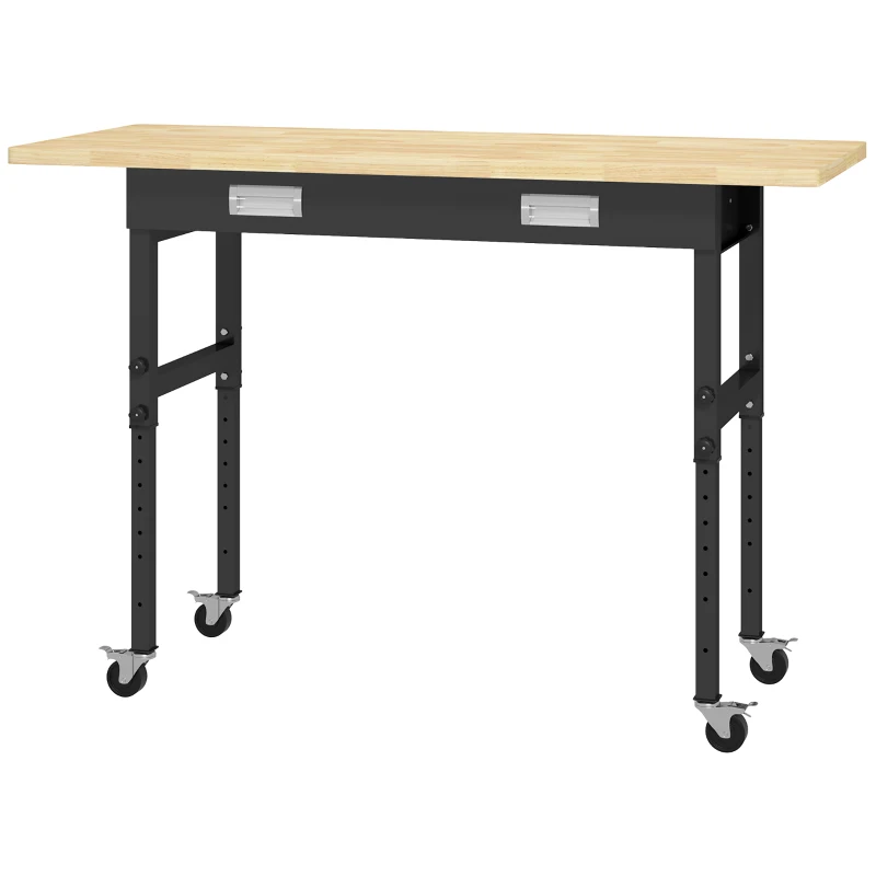 HOMCOM 59" Work Bench with Drawer, Height Adjustable Legs, Bamboo Tabletop Workstation Tool Table on Wheels for Garage, Weight Capacity 1320 Lbs, Black/Natural