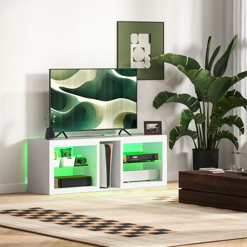 HOMCOM TV Stand Center for 55" with LED Lights and Power Outlets TV Television Cabinet with Adjustable Shelves High Gloss White
