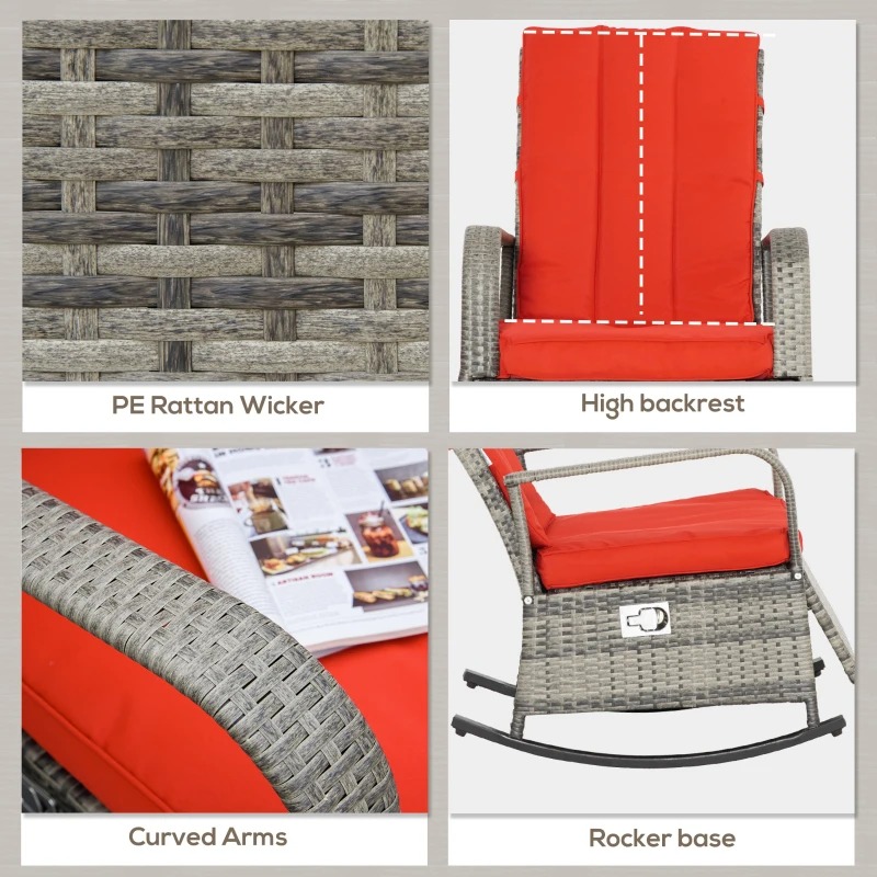 Outsunny Outdoor Wicker Rocking Chair with Cushion, Patio PE Rattan Recliner Chair with Adjustable Footrest, Armrests, Red