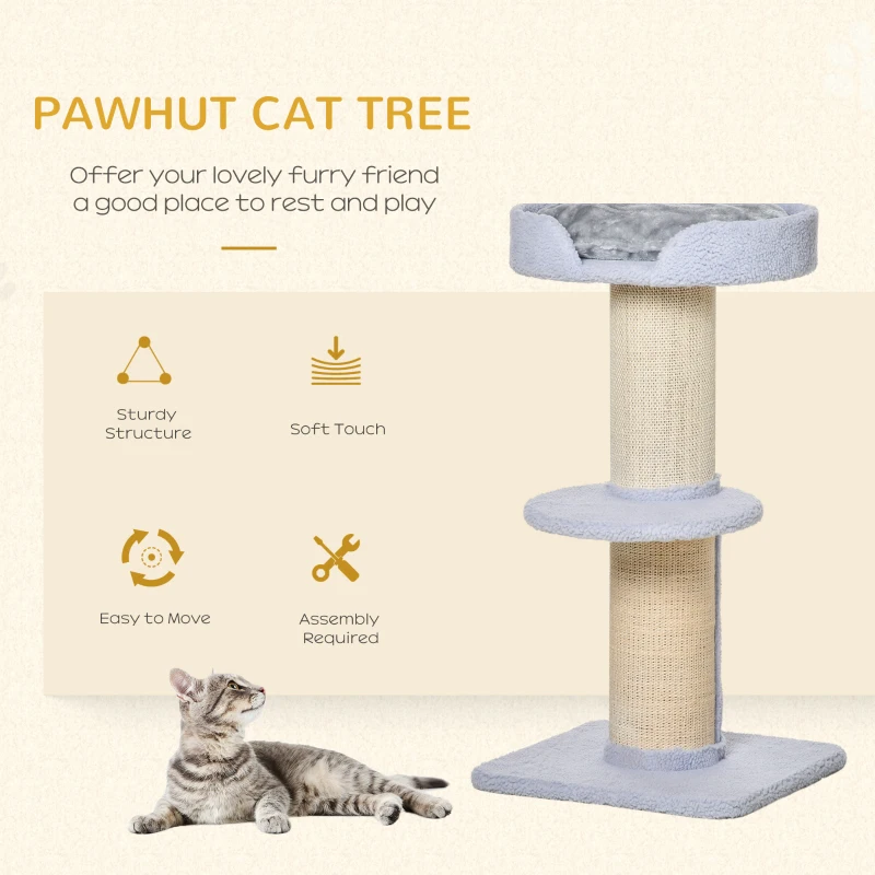 PawHut Cat Tree Kitty Tower with Sisal Mat Scratching Post, Cat Bed, Cushion, Perch, 18" x 18" x 36",  Light Blue