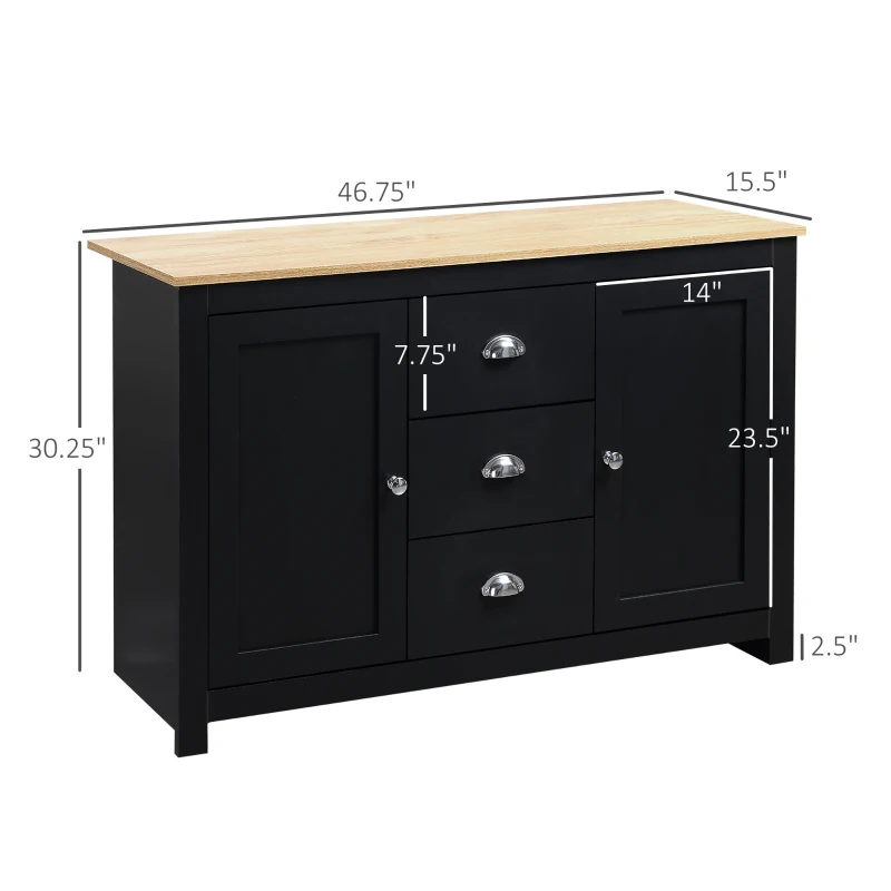 HOMCOM Kitchen Sideboard with Adjustable Shelves, Buffet Cabinet, Coffee Bar Cabinet with 3 Storage Drawers, Black