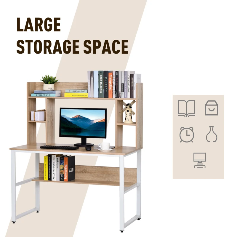 HOMCOM Office Computer Desk Writing Table Workstation with Storage Shelves,  Decorative Hutches, & Strong Build, Oak