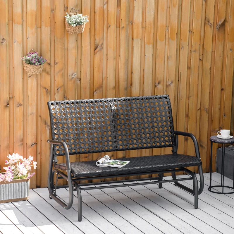 Outsunny 2 Seater Wicker Outdoor Glider Bench, Patio Swing Garden Bench, Garden Loveseat Rocking Chair, w/ Extra Wide Seat, Curved Backrest for Backyard, Poolside, Lawn, Black