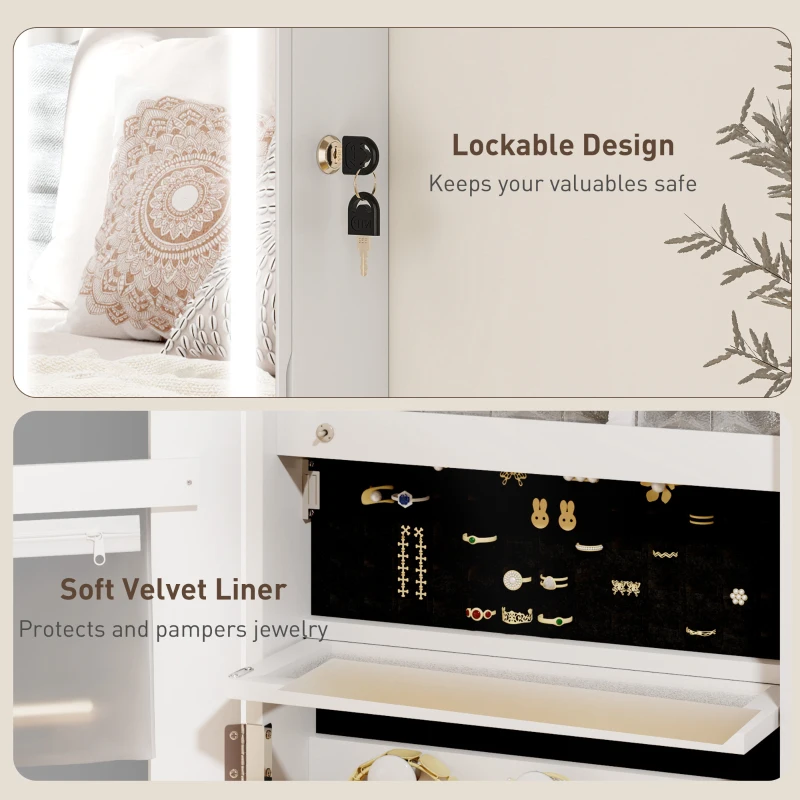 HOMCOM LED Lighted Jewellery Armoire with Mirror Jewellery Cabinet with Storage Lockable Door/Wall Mounted Jewellery Organizer, White