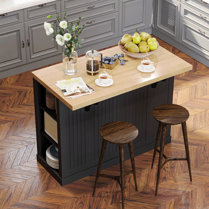 HOMCOM 47" Fluted-Style Wooden Kitchen Island, Kitchen Countertop Storage Cabinet with Drop Leaf, Drawer, Open Shelves, Storage, Black