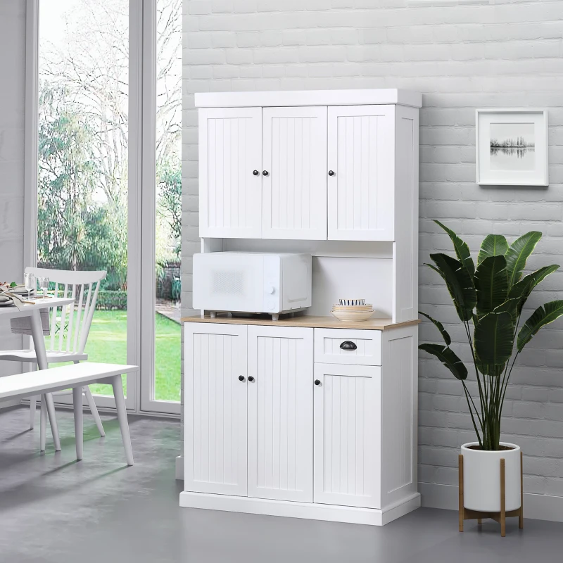 HOMCOM 71" Buffet with Hutch, Modern Farmhouse Kitchen Pantry Storage Cabinet with Microwave Oven Countertop, Drawer, and Cupboard, White