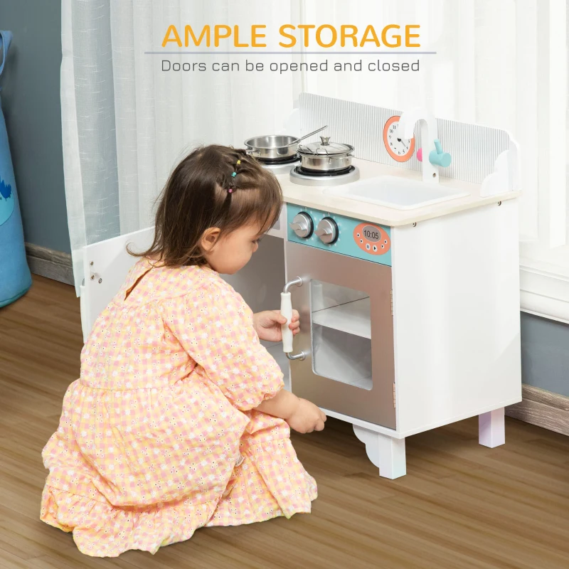 Qaba Wooden Pretend Play Kitchen with Sink, Clock, and Stove for Kids with Real Stainless Steel, Children Cooking Playset for 3-6 Years Old