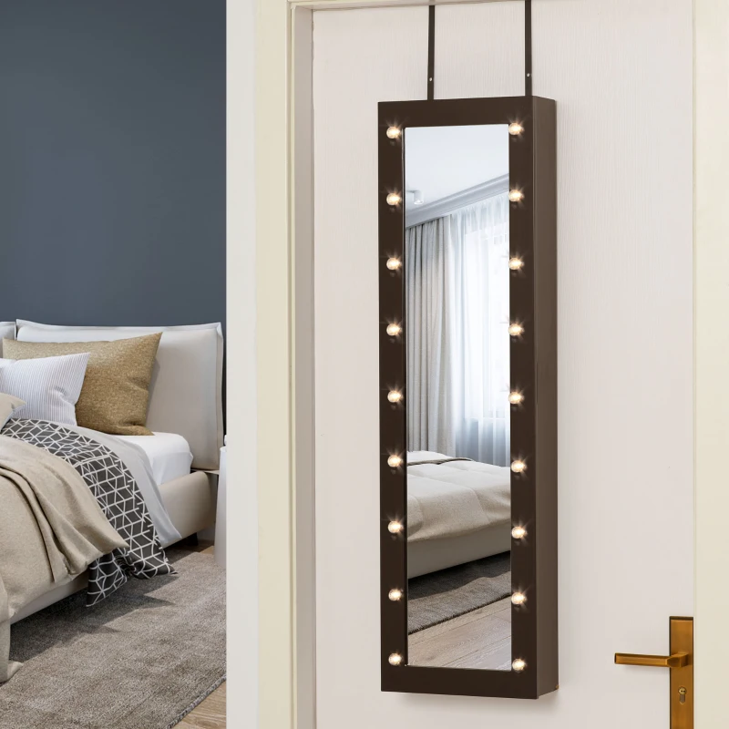 HOMCOM Jewelry Armoire with Mirror and 18 LED Lights, Wall-Mounted/Over-The-Door Cabinet with 3 Mountable Heights, Dark Walnut