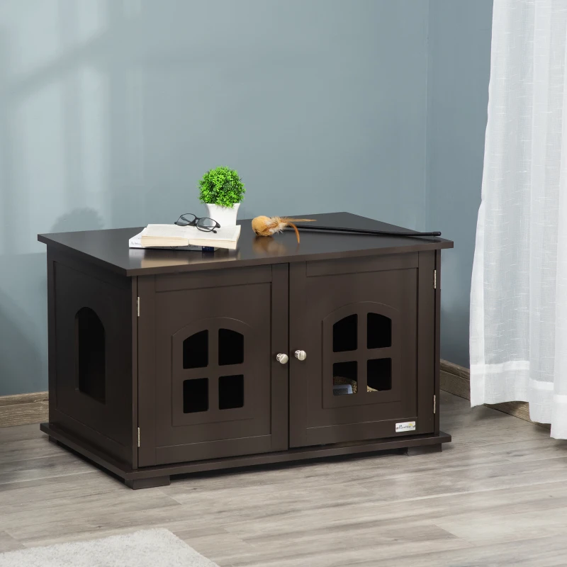 PawHut Cat Litter Box Enclosure Hidden Cat Furniture Cabinet Indoor Cat Washroom Double-door Nightstand End Table with Cat Hole Window Coffee