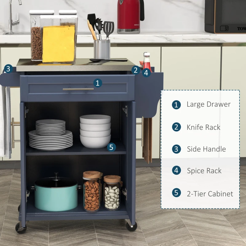 HOMCOM Kitchen Island with Wheels, Rolling Kitchen Island with Storage, Stainless Steel Countertop for Dining Room, Deep Blue