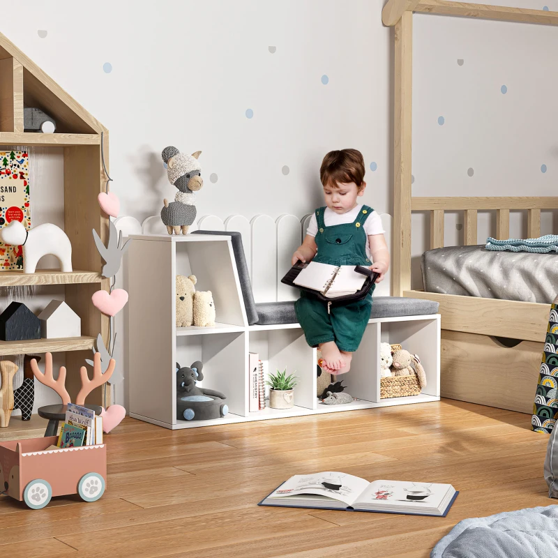 HOMCOM Multi-Purpose Bookshelf with 5 Cubes, 5-Cubby Bookcase with Cushioned Reading Nook and Storage Shelves, Grey