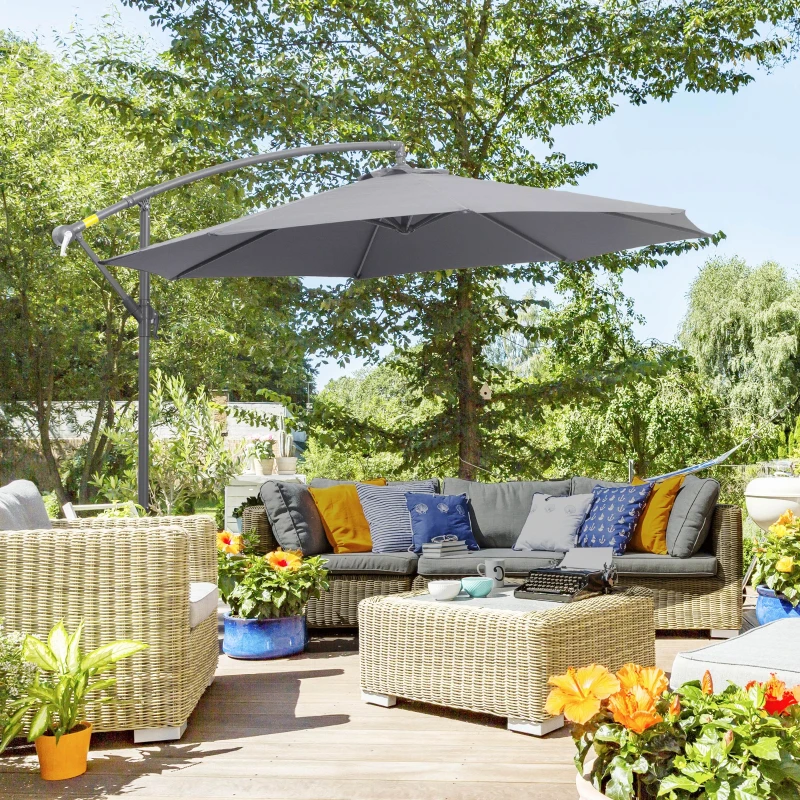 Outsunny Φ10' Deluxe Patio Umbrella Outdoor Market Parasol Banana Hanging Offset Sunshade Crank Cross Base Grey