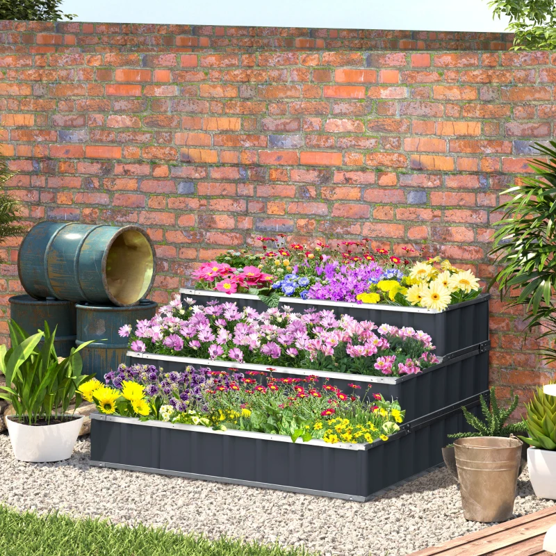 Outsunny 3 Tier Raised Garden Bed Outdoor Metal Patio Planter Box with Gloves,  4' x 4' x 2' for Backyard, Patio to Grow Vegetables, Herbs, and Flowers, Gray