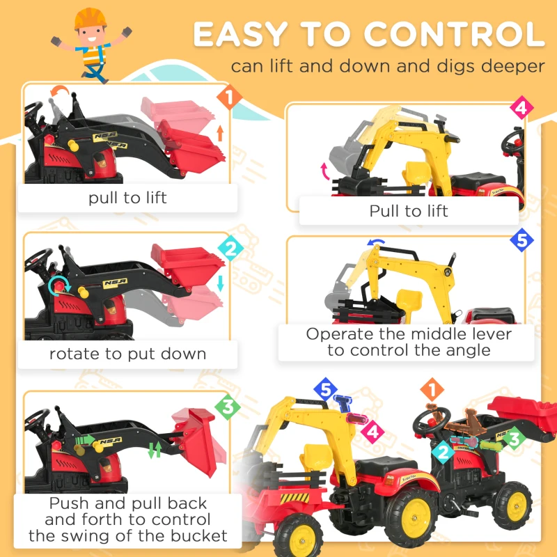 Aosom 3 in1 Kids Ride On Excavator/Bulldozer, Pedal Car Digger Toy Move Forward/Back with 6 Wheels and Detachable Cargo Trailer