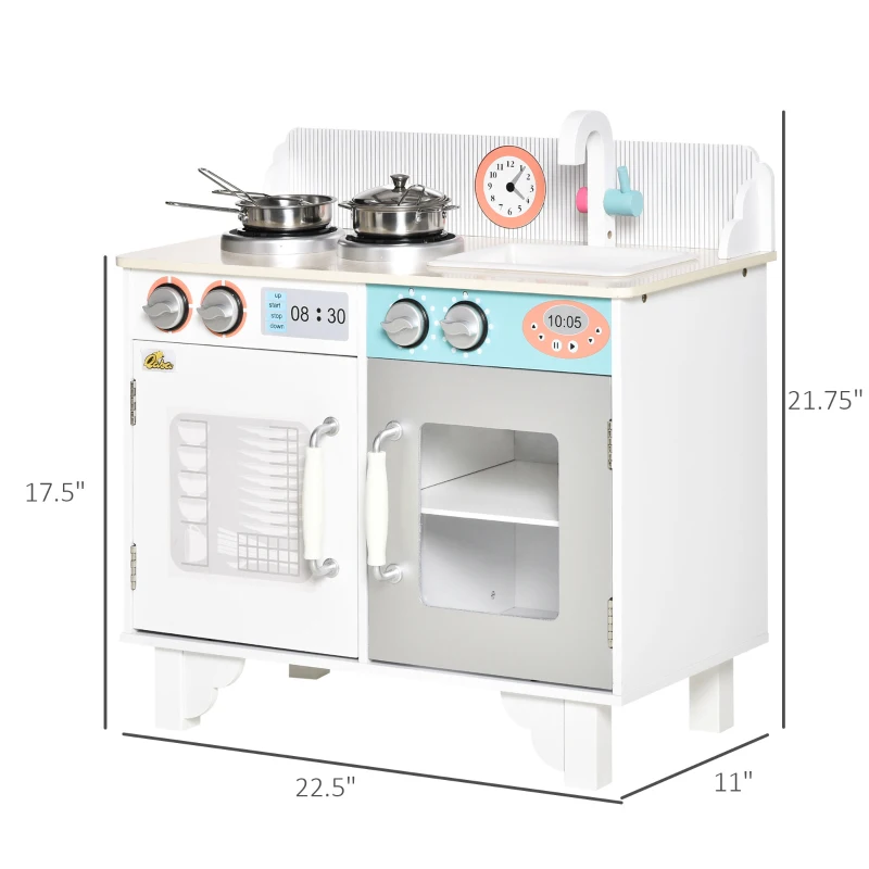 Qaba Kids Kitchen Play Cooking Toy Set, Educational Pretend Role Playset Game, with Sink, Faucet, Cooking Bench, Stainless Steel Pot, for 3-6 Years Old, White