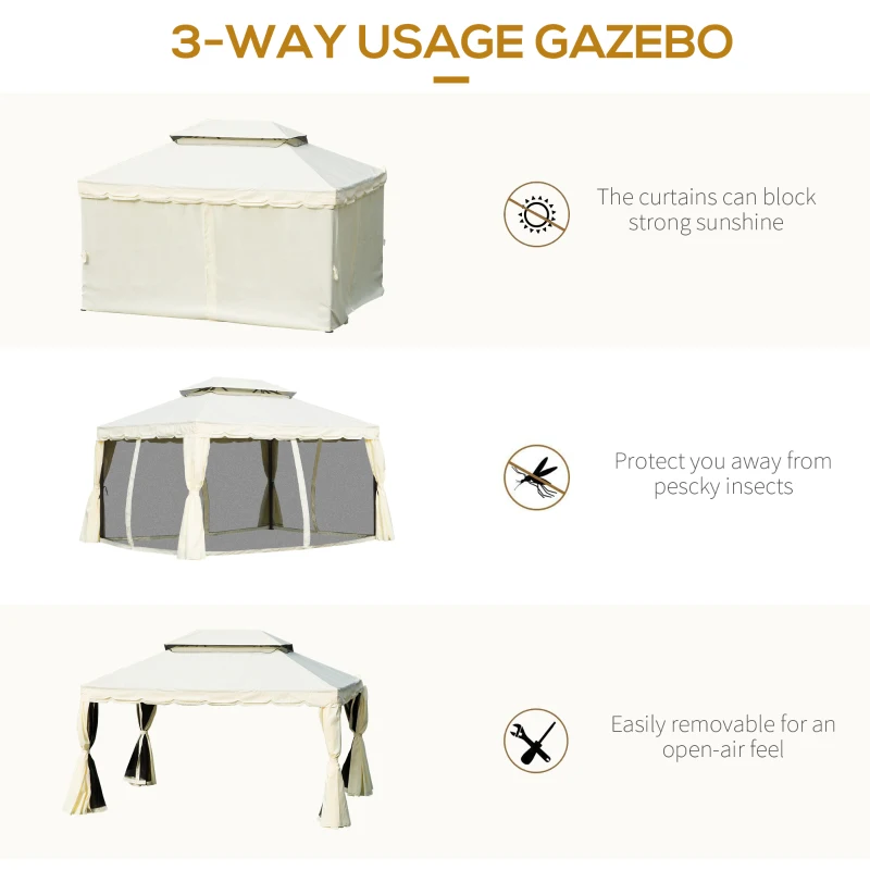 Outsunny 10 x 13ft Aluminum Frame Gazebo Canopy Double Tier Garden Shelter with Netting and Curtains, Cream White