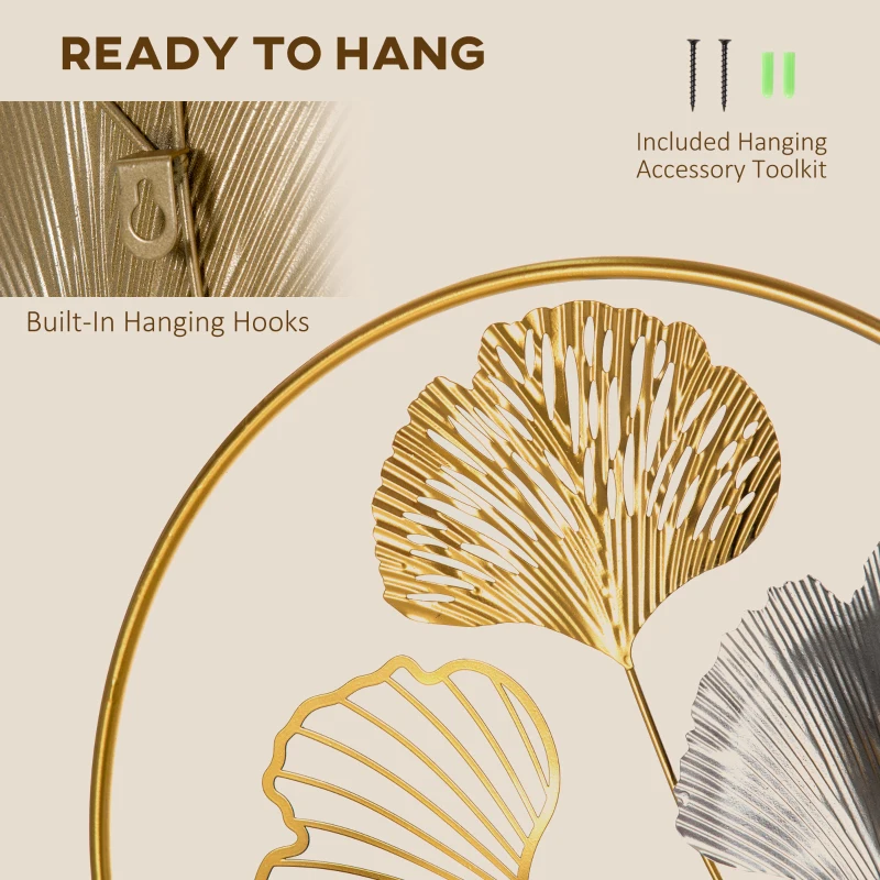 HOMCOM 3D Metal Wall Art Modern Ginkgo Leaves Hanging Wall Sculptures Home Decor for Living Room Bedroom Dining Room, 40" x 26", Gold