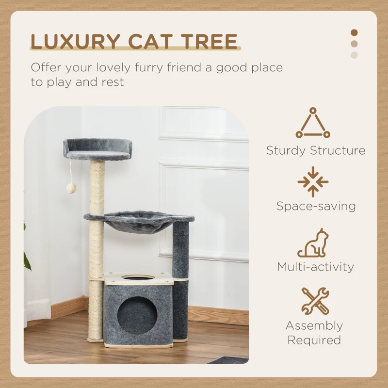 PawHut Cat Tree, Multi-Level Cat Tower with Cat Scratching Post, Perch, Cat Condo, Hammock, Hanging Toy Ball, Grey
