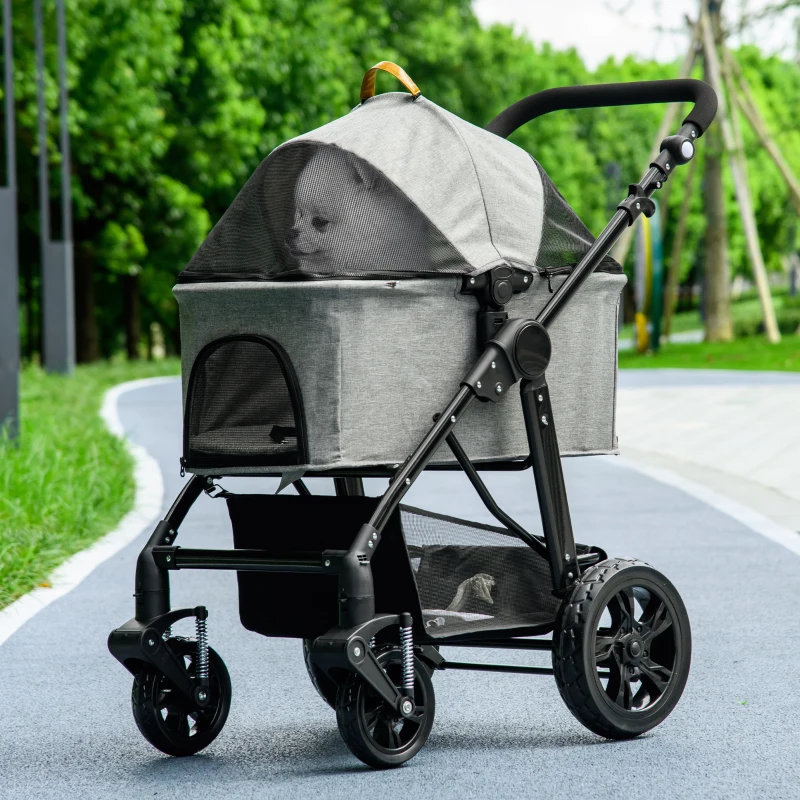 PawHut 2 in 1 Foldable Dog Stroller with Suspension, Detachable Carriage, Adjustable Canopy, Safety Leashes and Storage Basket, Grey