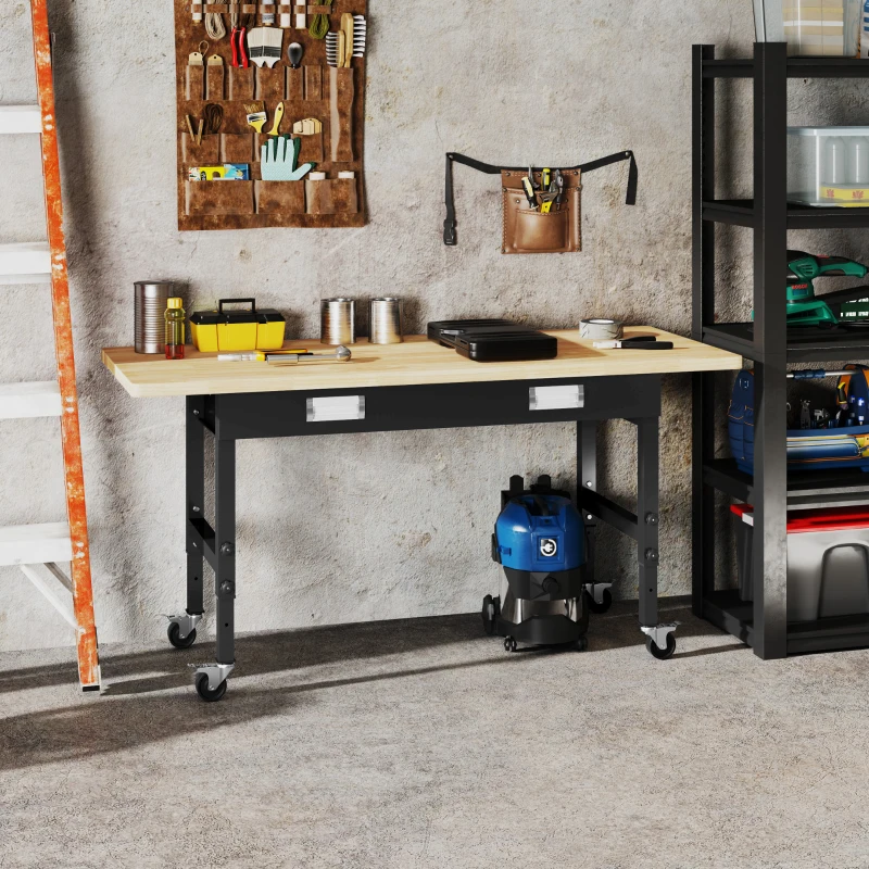 HOMCOM 59" Work Bench with Drawer, Height Adjustable Legs, Bamboo Tabletop Workstation Tool Table on Wheels for Garage, Weight Capacity 1320 Lbs, Black/Natural