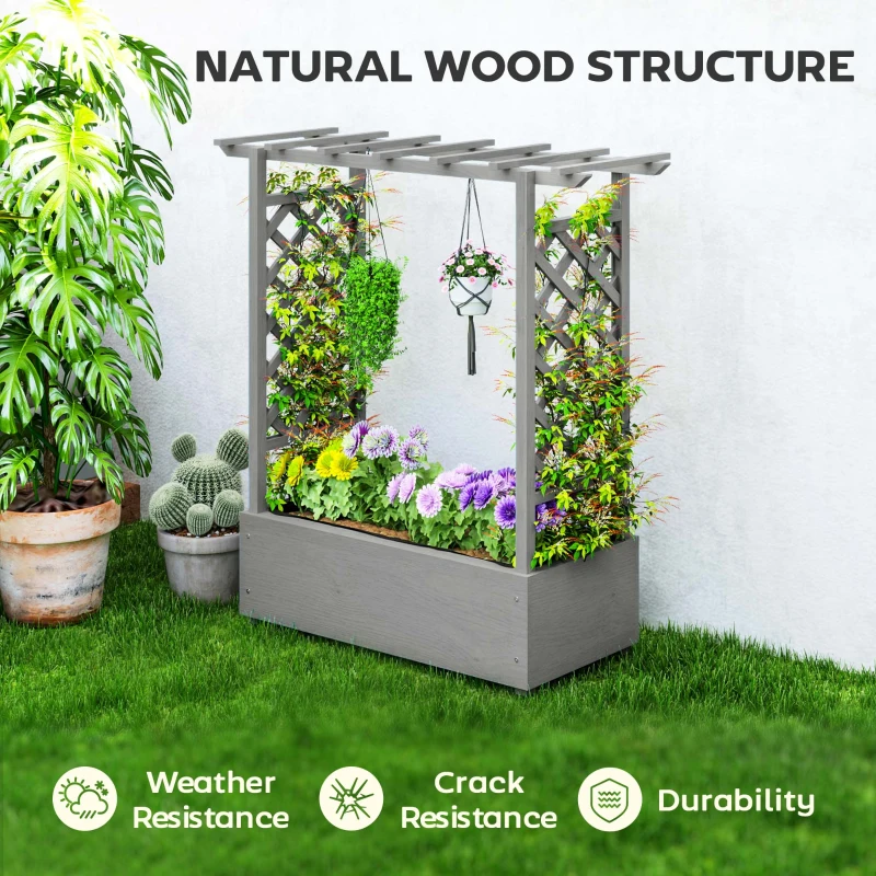 Outsunny Wooden Raised Garden Bed with Trellis, Outdoor Planter Box with Hanging Roof, Drainage Holes and Bed Liner