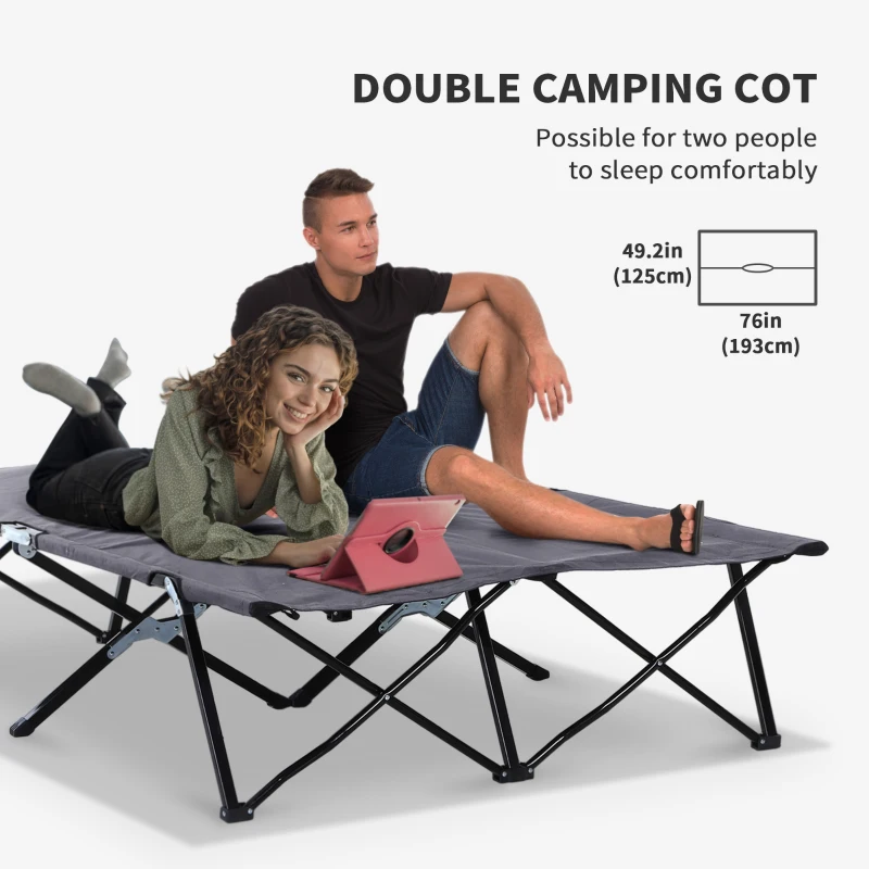 Outsunny 2 Person Folding Camping Cot for Adults, 50" Extra Wide Outdoor Portable Sleeping Cot with Carry Bag, Elevated Camping Bed, Beach Hiking, Grey