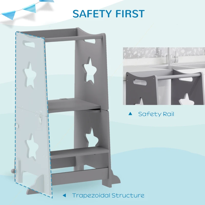 Qaba 2 in 1 Toddler Tower with Safety Rail for Bathroom, Sink, Kitchen or Counter, Gray