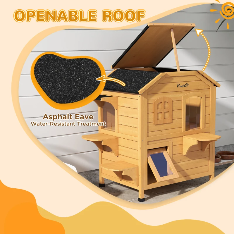 PawHut 2-Storey Outdoor Cat House, Wooden Catio with Openable Roof, Lounge Space, Fun Entrances, for Feral Cats, Yellow