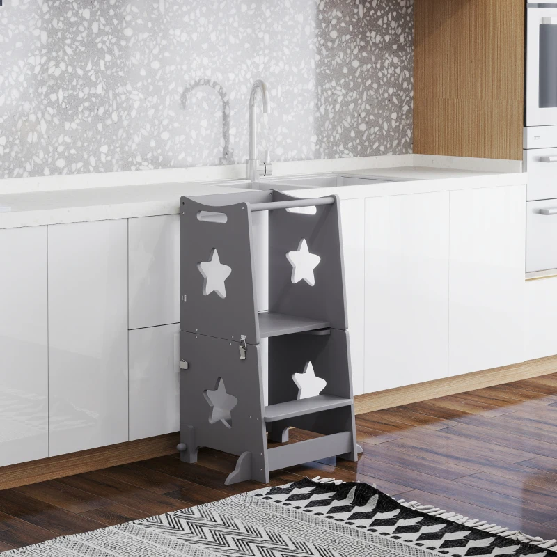 Qaba 2 in 1 Toddler Tower with Safety Rail for Bathroom, Sink, Kitchen or Counter, Gray
