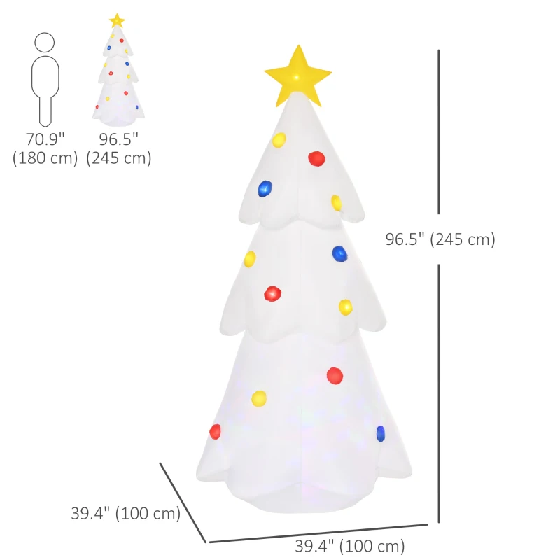 HOMCOM 8 FT Tall Lighted Inflatable Christmas Tree with Star and Multicolor Decorations Blow up Decor Home Indoors with 9 Built-in LED Lights Outdoor Toys in Yard Lawn Garden White